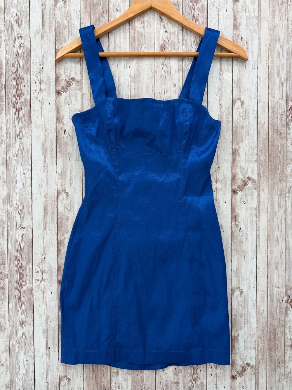 Lucy in the Sky Jacquard Dress in Blue Square-Neck Mini Dress sz Medium Metallic